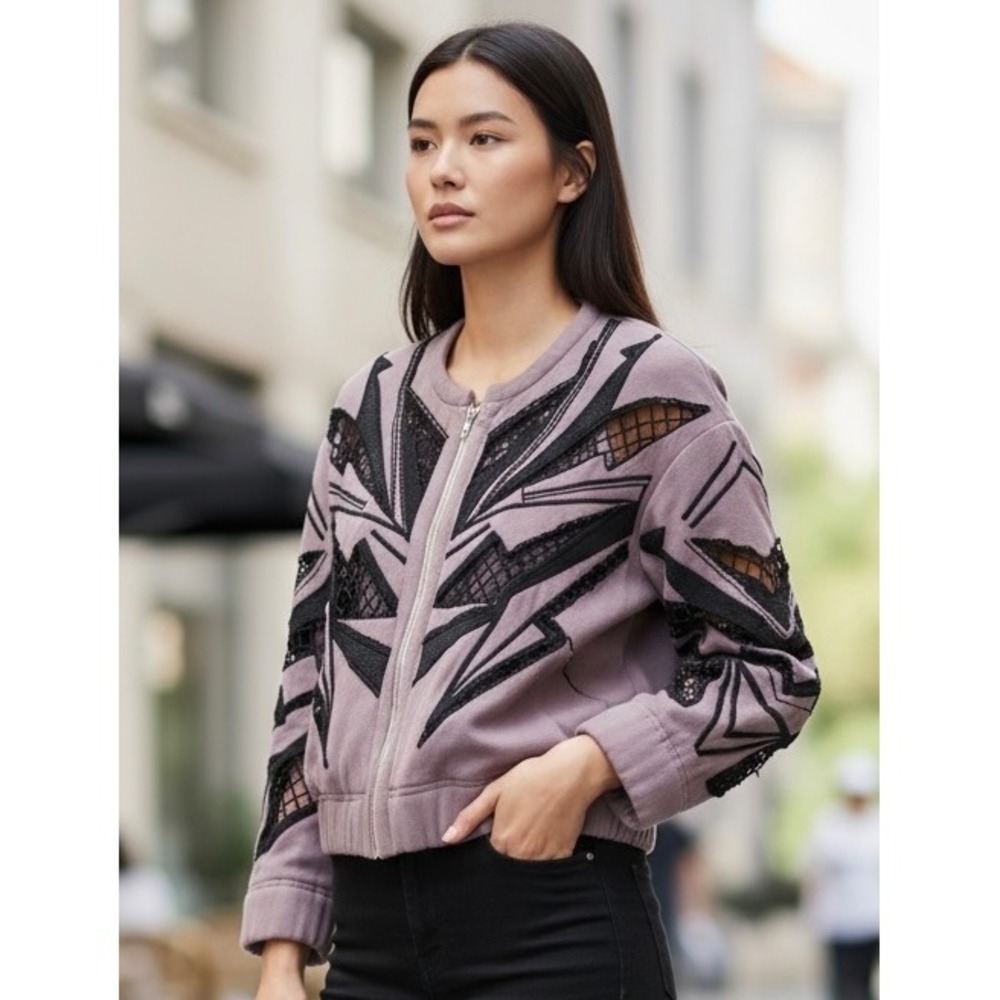 Women's IRO Dontae Black Purple Mesh Leather Crochet Bomber Jacket Coat Small